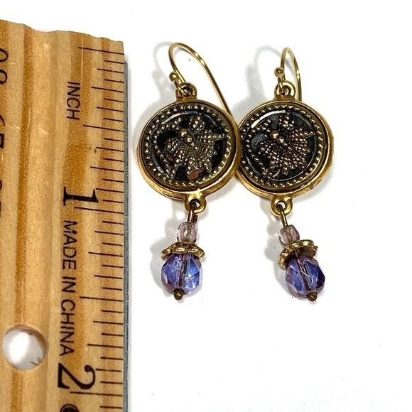 Earrings Dangles Drops Gold Tone Purple Crystals Buttons - Picture 3 of 11
